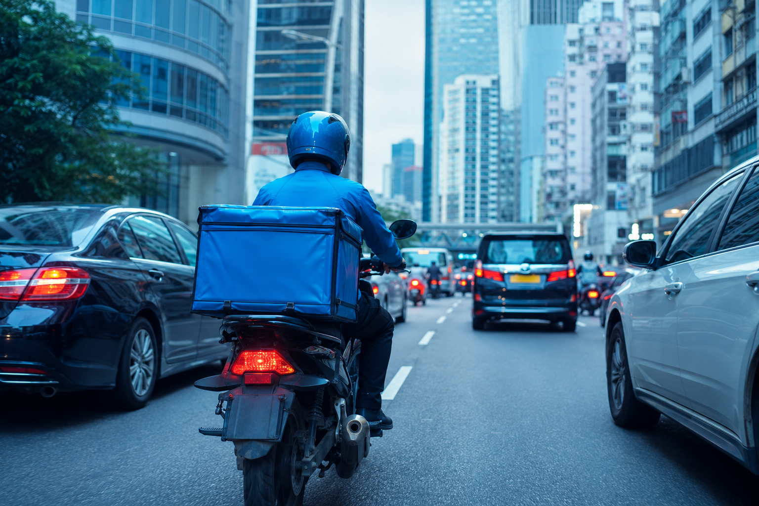 Delivery rider navigating city traffic