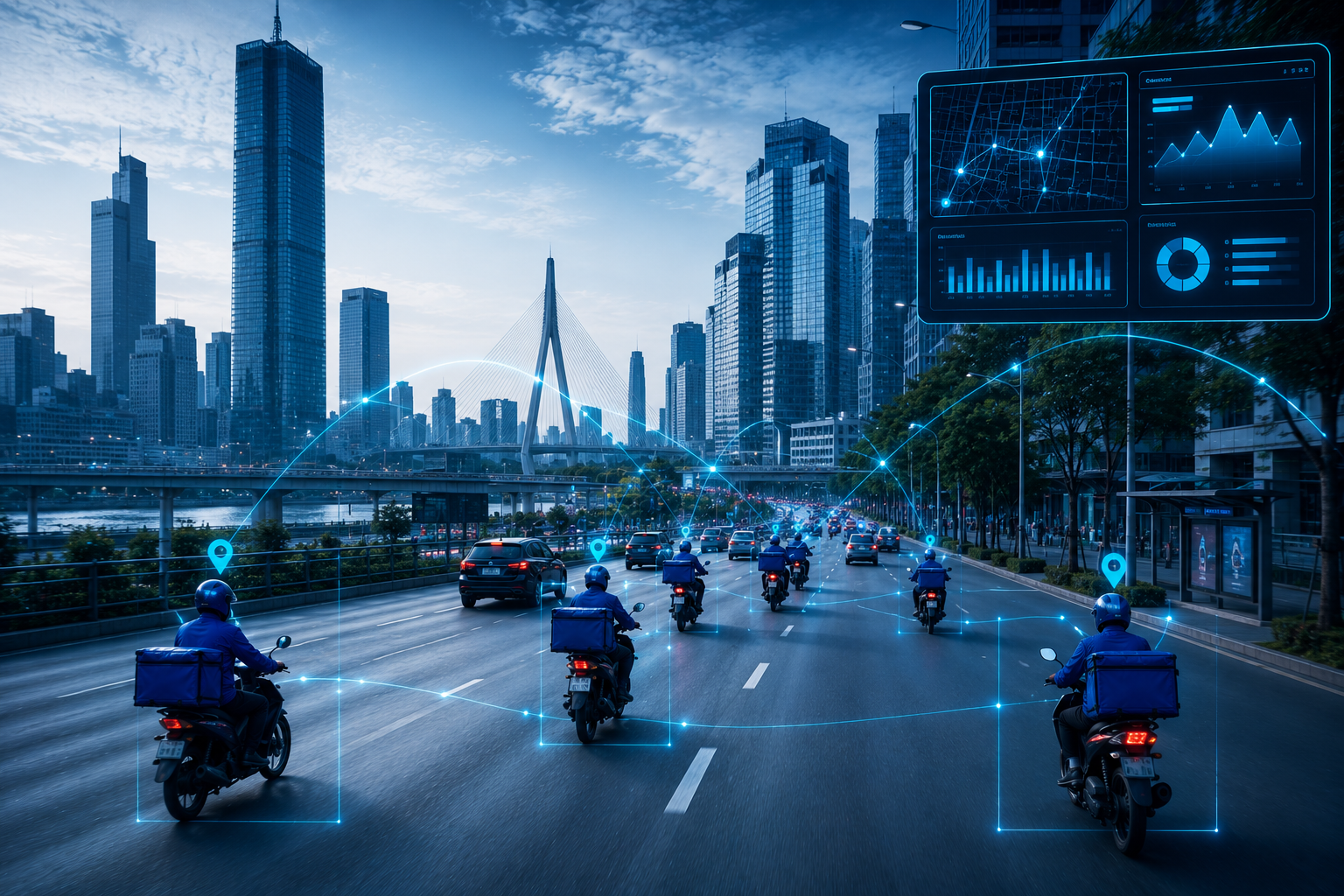 Connected fleet of delivery riders with safety overlay