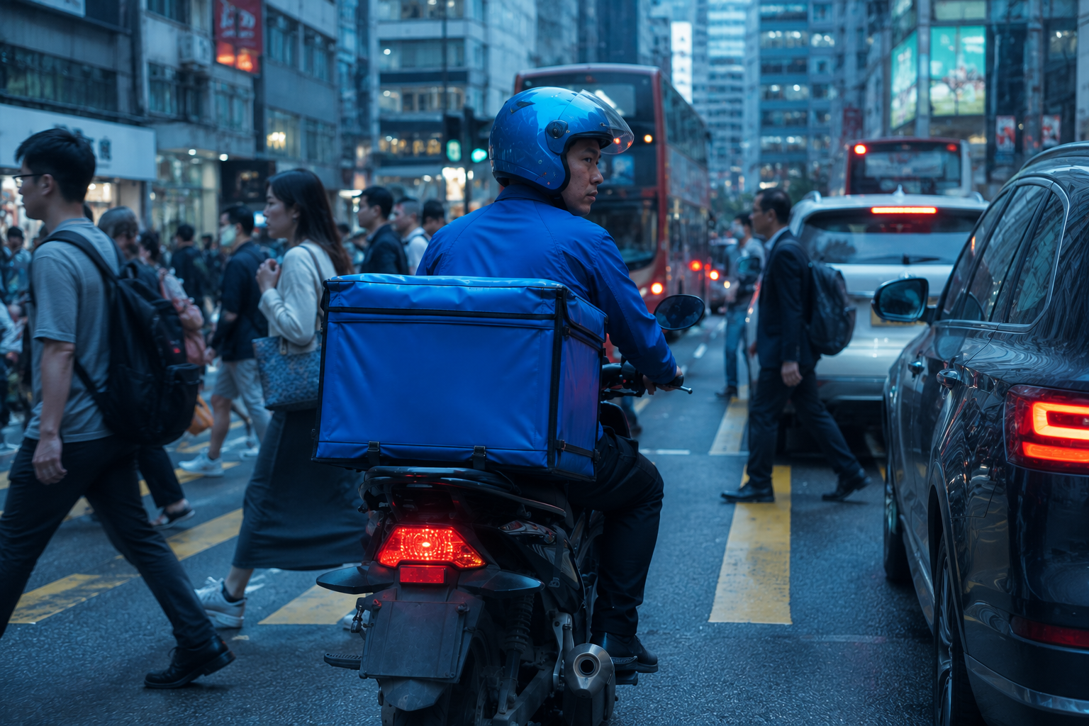 Rider surrounded by pedestrians at intersection