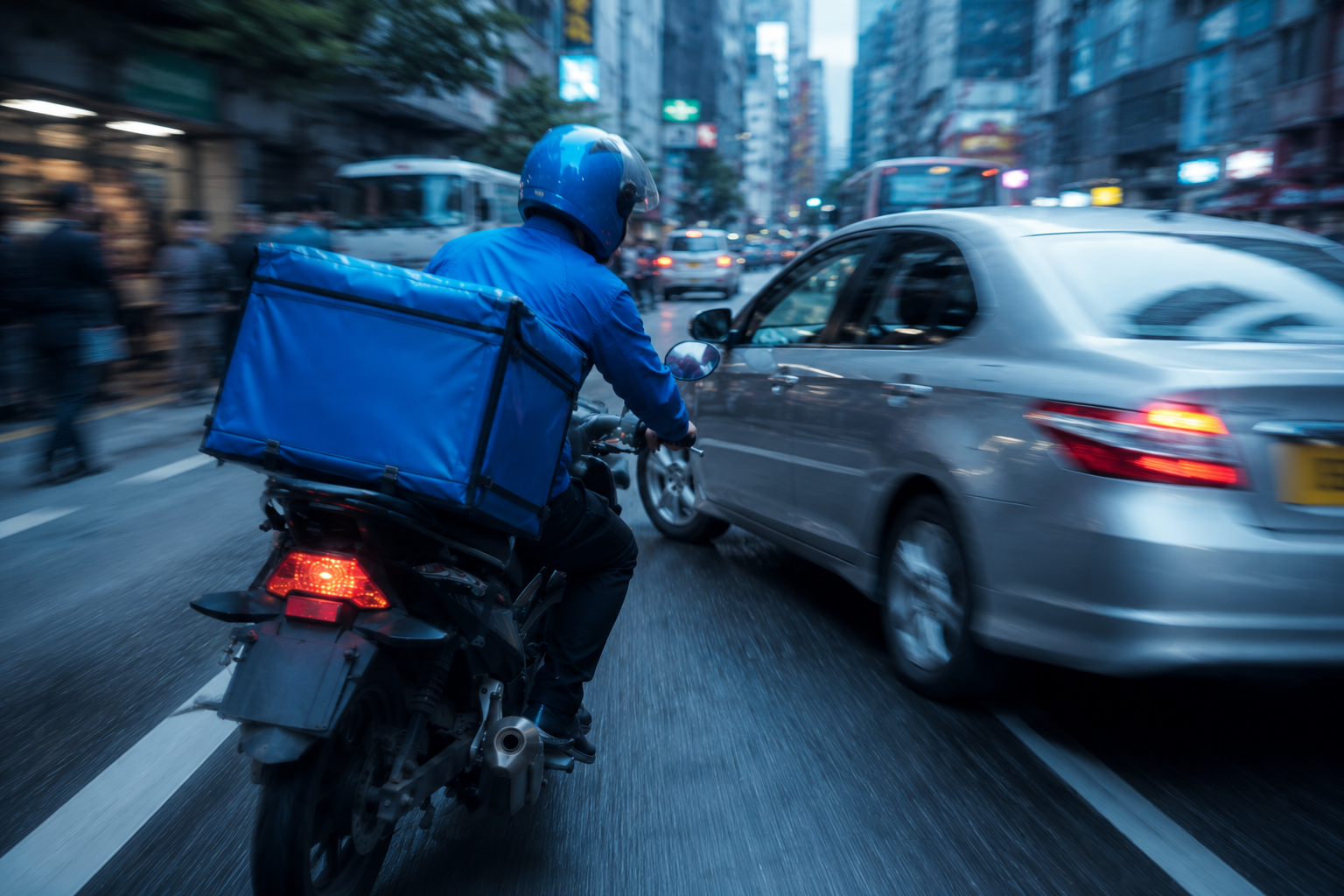 Rider overtaking at speed, close to car