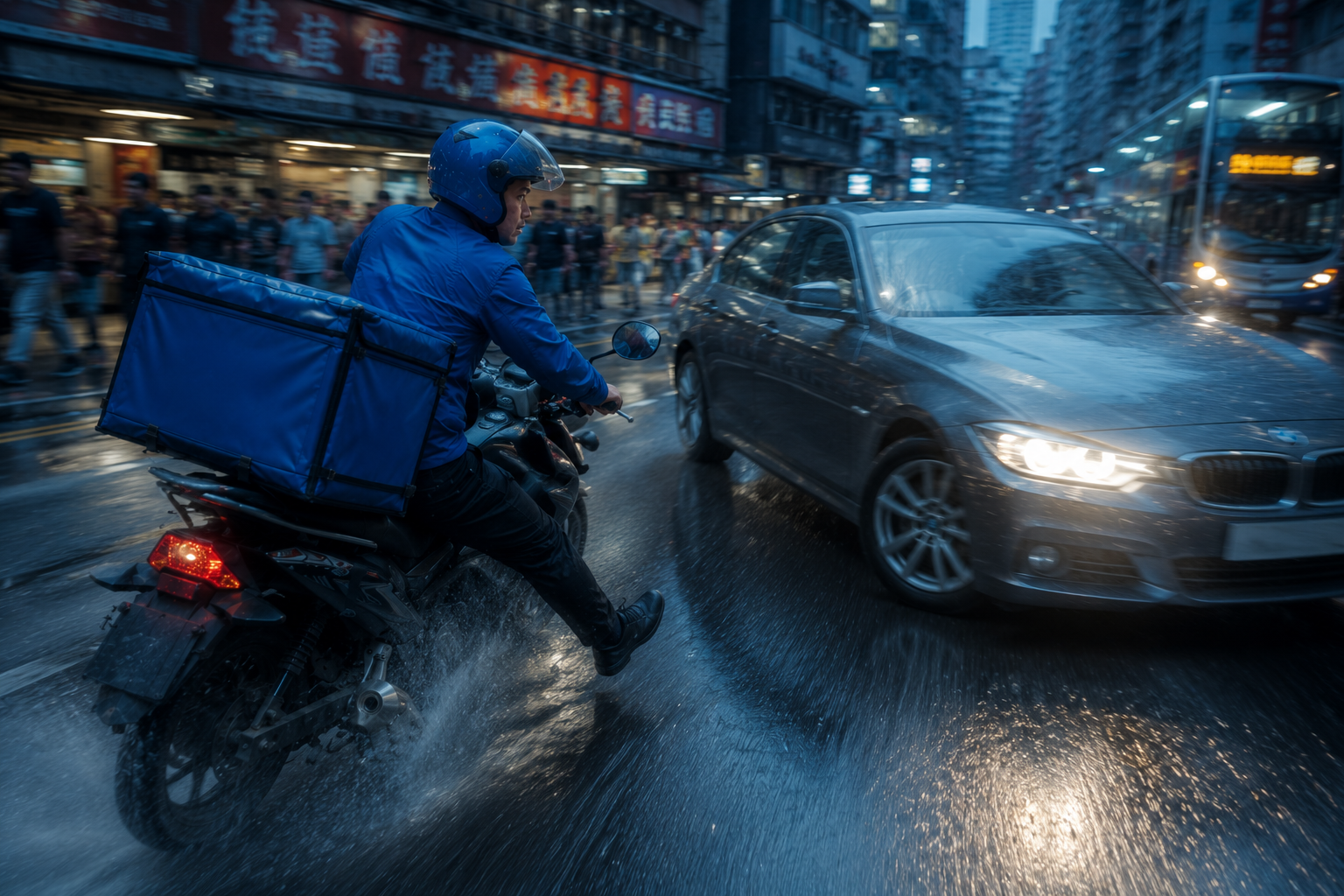 Rider in rain at night near oncoming car