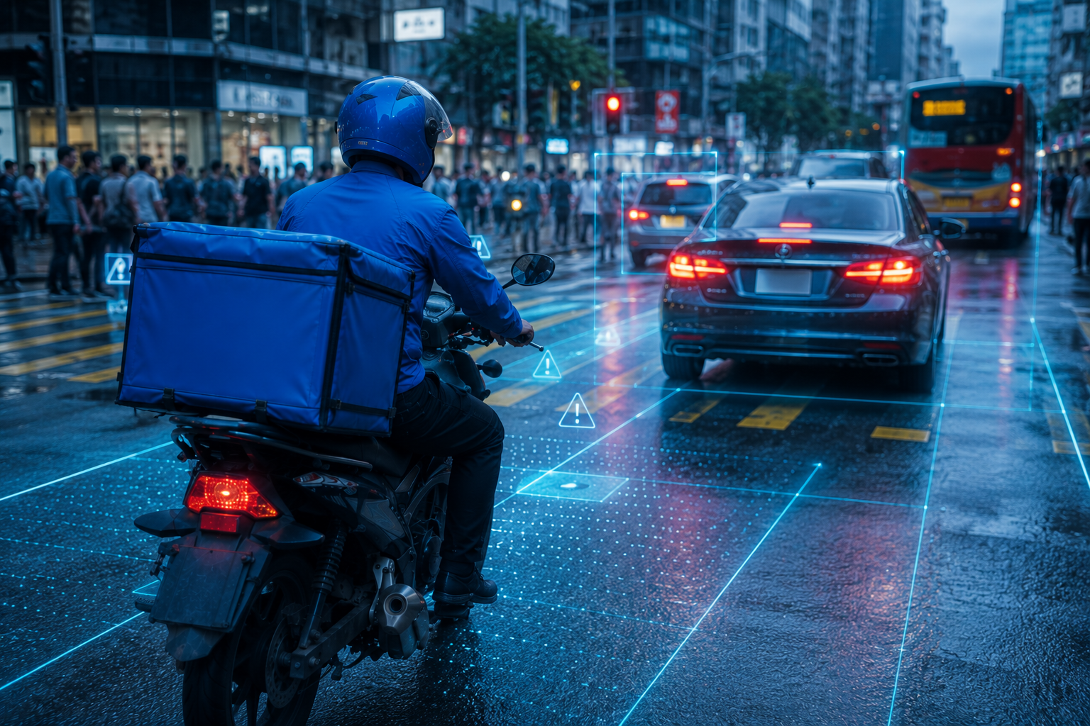 AI hazard detection overlays on wet city road