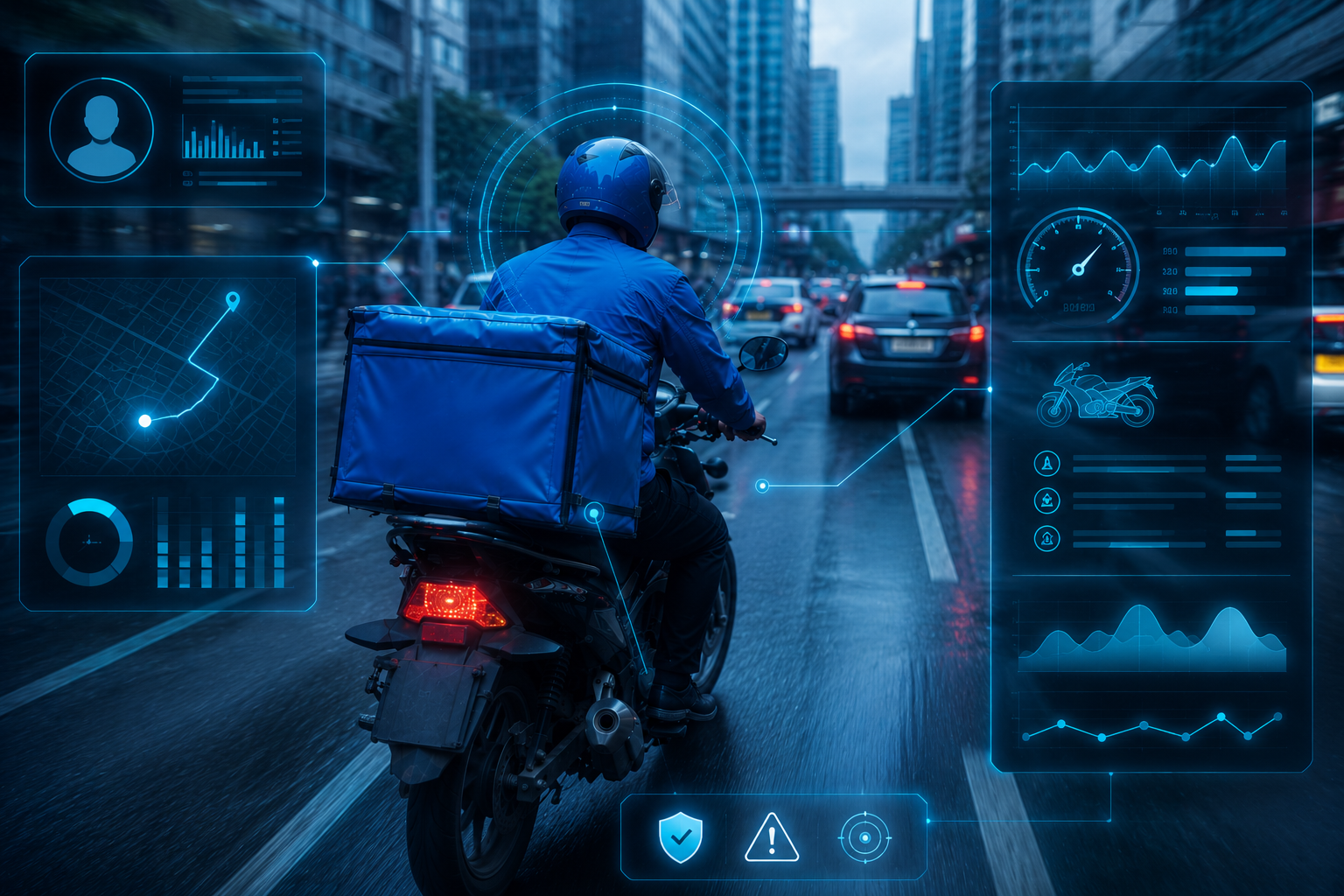 Real-time analytics overlay showing rider safety data
