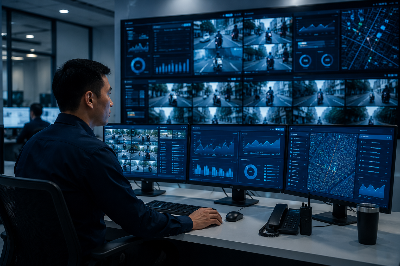 Safety manager monitoring motorbike fleet on command centre screens
