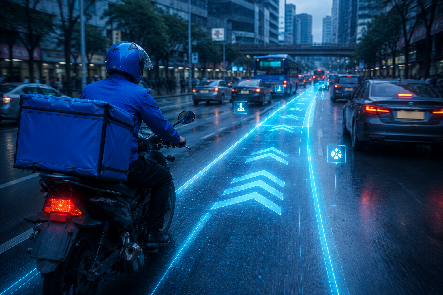 AI route guidance with glowing lane arrows for safe riding