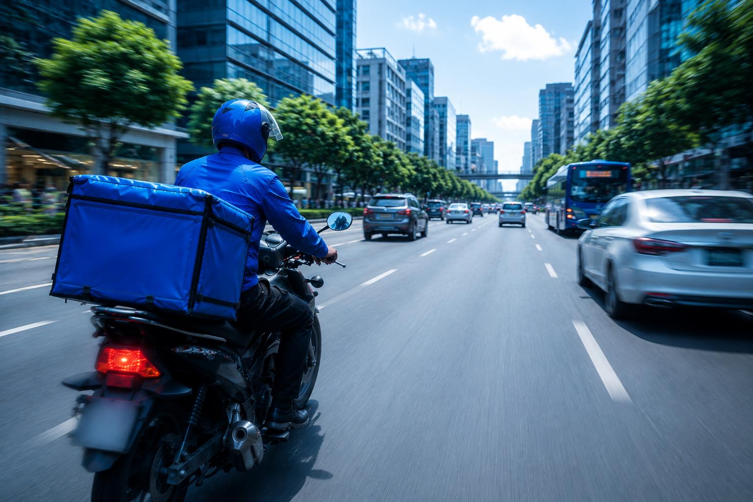 Delivery rider on open city road